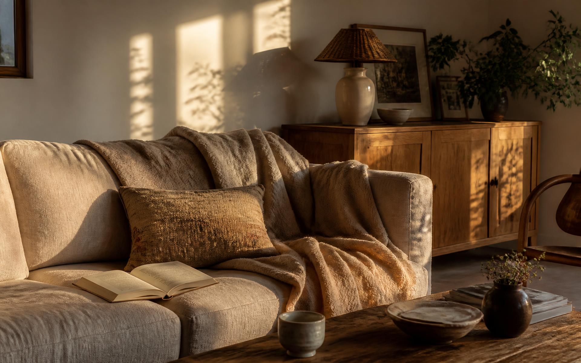 Sala aconchegante ao fim da tarde com luz natural sobre o sofá de linho