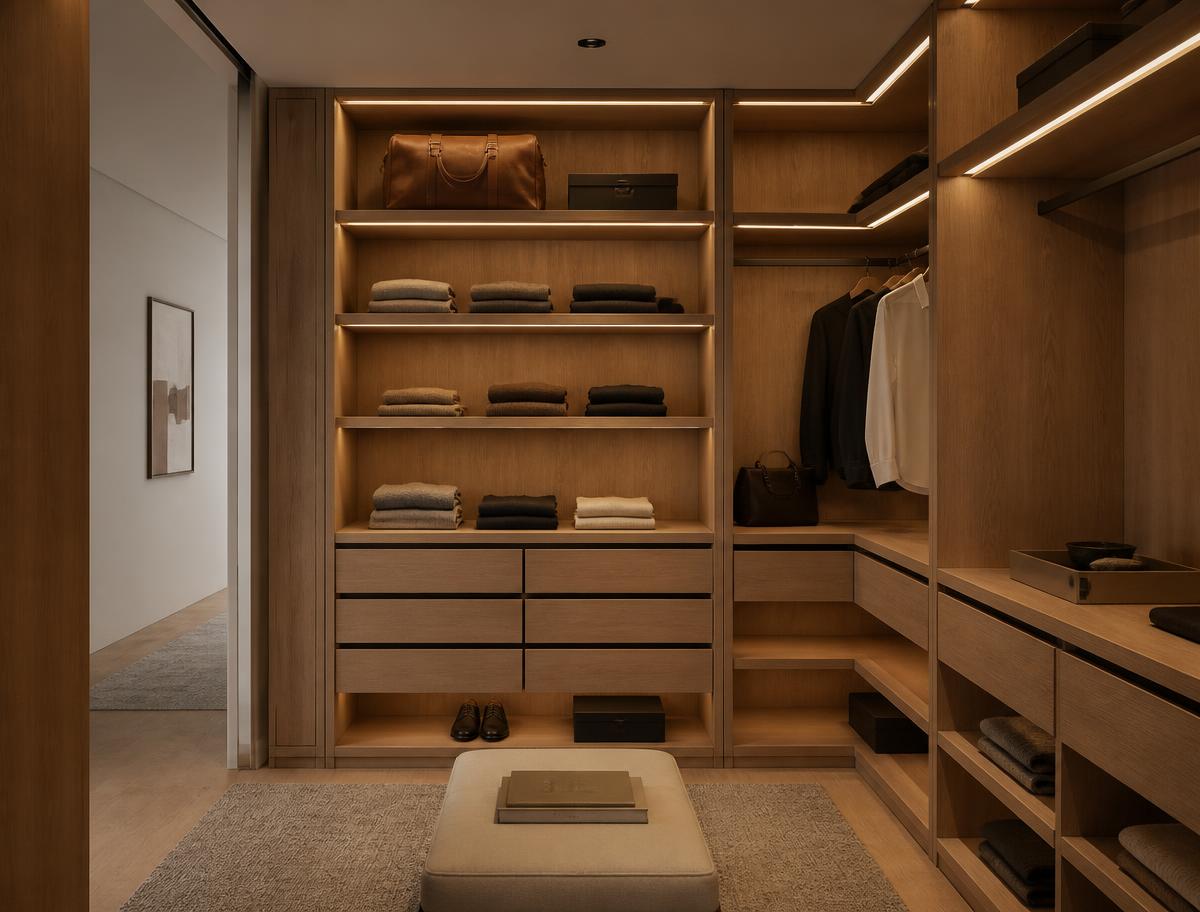 Closet planejado em madeira com iluminação embutida
