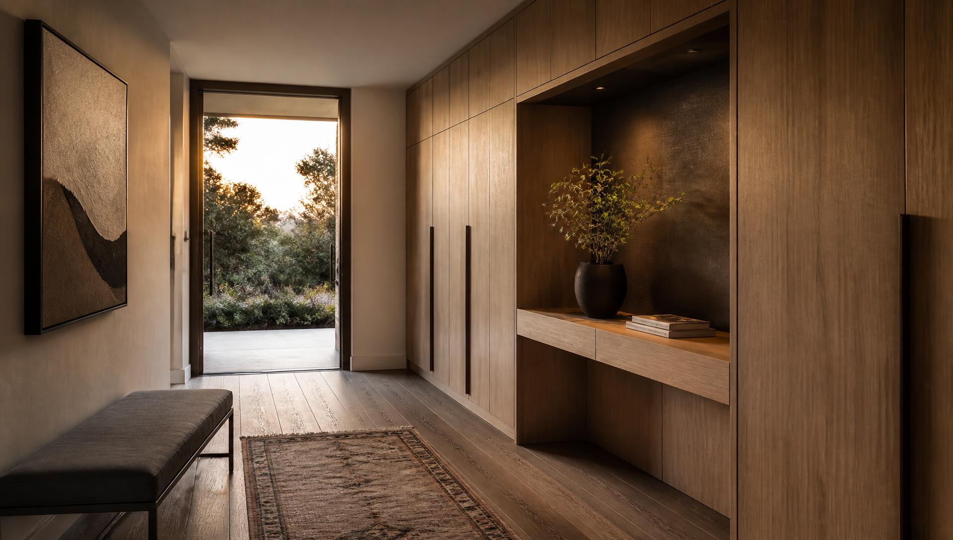 Hall de entrada com marcenaria planejada em madeira e luz do entardecer