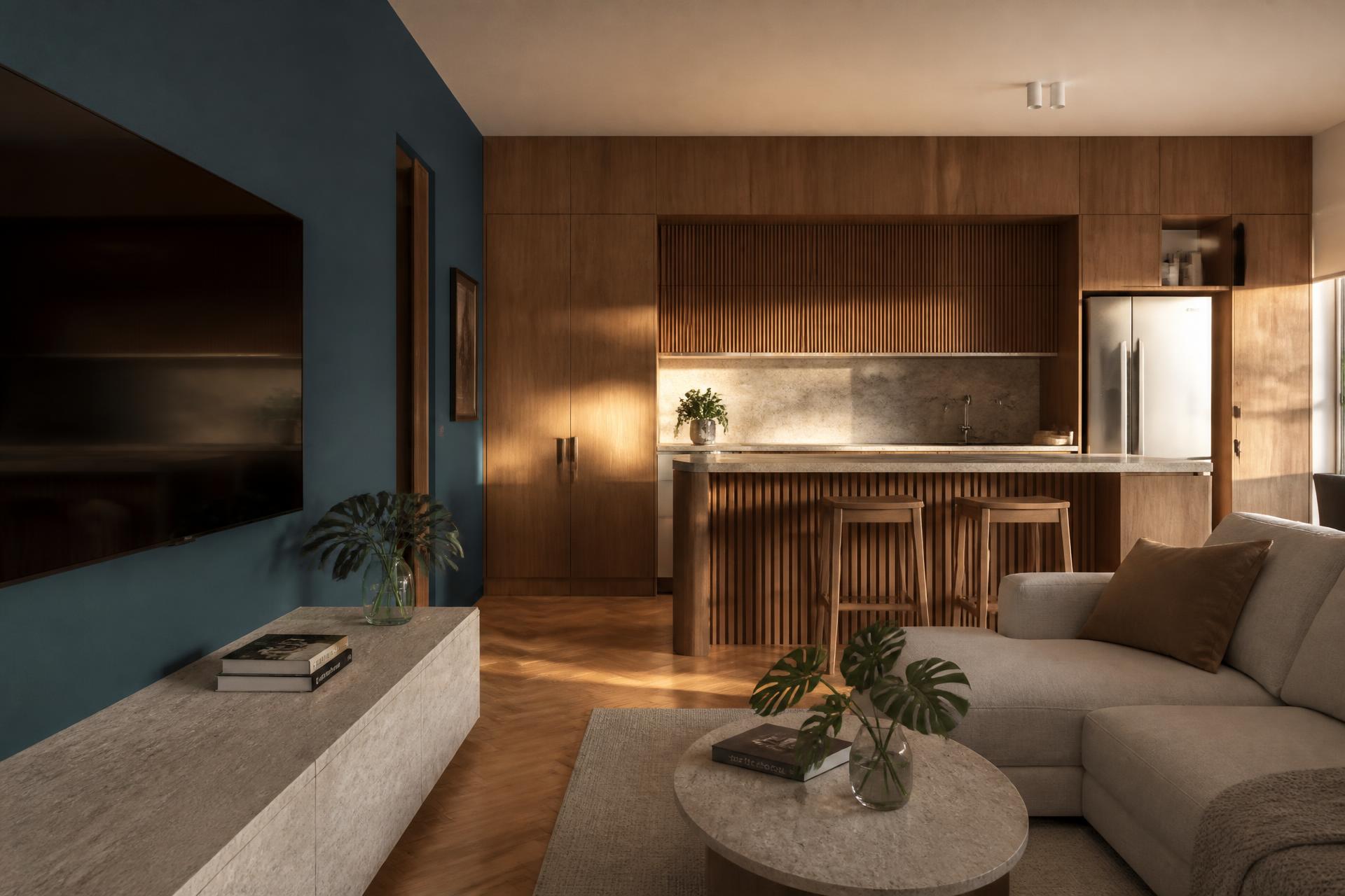 Sala integrada com cozinha planejada em madeira natural e parede azul petróleo